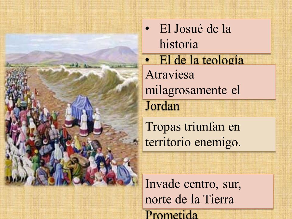 El Josué de la historia El de la teología. Atraviesa milagrosamente el Jordan. Tropas triunfan en territorio enemigo.