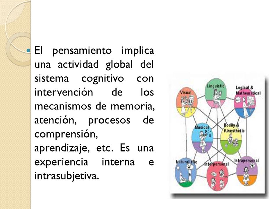El pensamiento implica una actividad global del sistema cognitivo con intervención de los mecanismos de memoria, atención, procesos de comprensión, aprendizaje, etc.