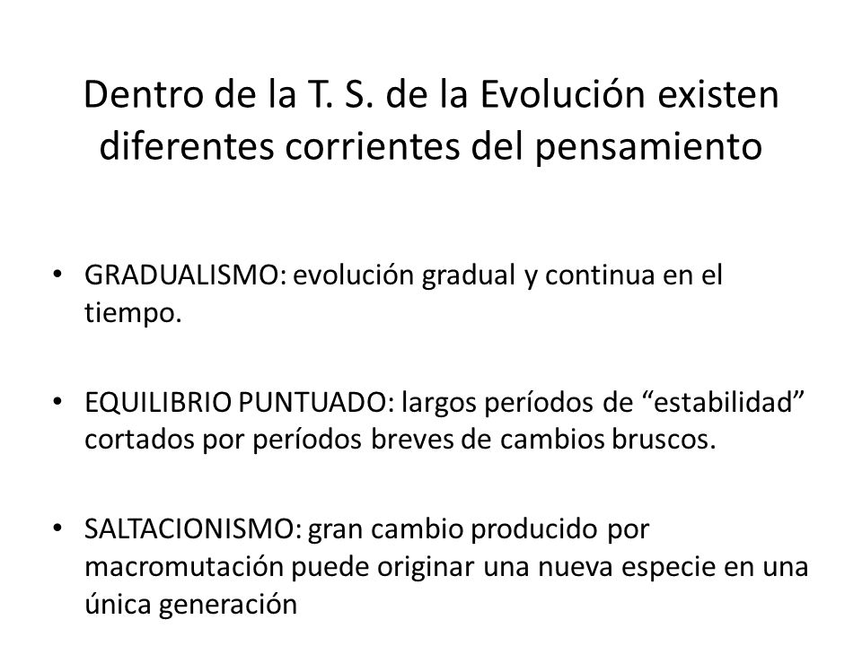Dentro de la T. S. de la Evolución existen diferentes corrientes del pensamiento