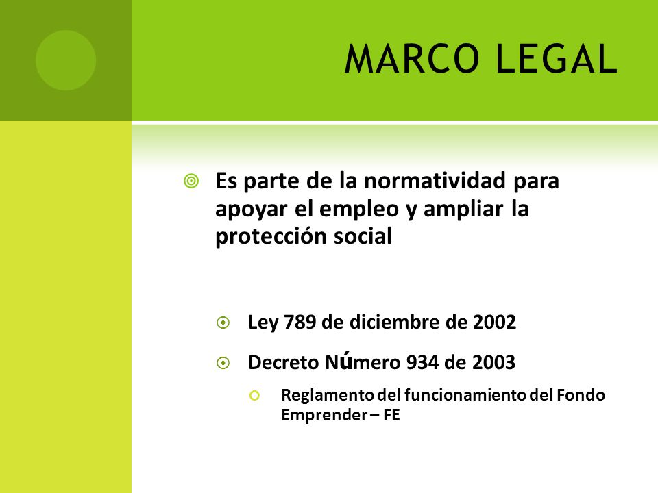 MARCO LEGAL Es parte de la normatividad para apoyar el empleo y ampliar la protección social. Ley 789 de diciembre de