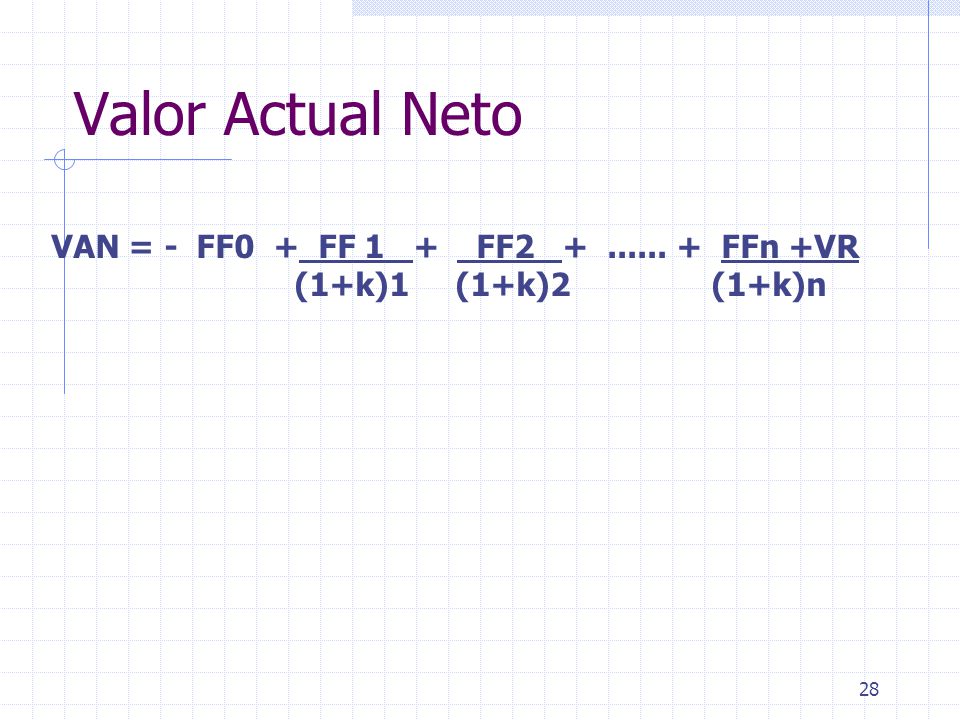 Valor Actual Neto VAN = - FF0 + FF 1 + FF FFn +VR