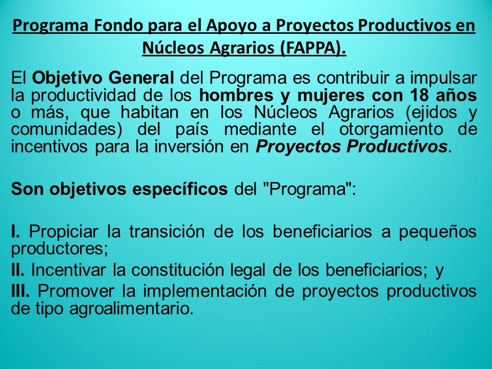 Programa Fondo para el Apoyo a Proyectos Productivos en Núcleos Agrarios (FAPPA).
