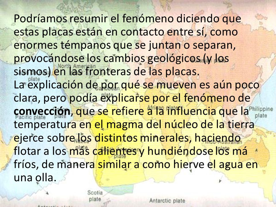 Podríamos resumir el fenómeno diciendo que estas placas están en contacto entre sí, como enormes témpanos que se juntan o separan, provocándose los cambios geológicos (y los sismos) en las fronteras de las placas.