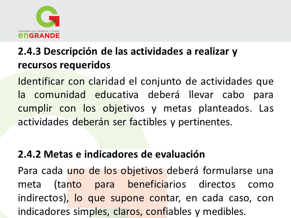2.4.3 Descripción de las actividades a realizar y recursos requeridos