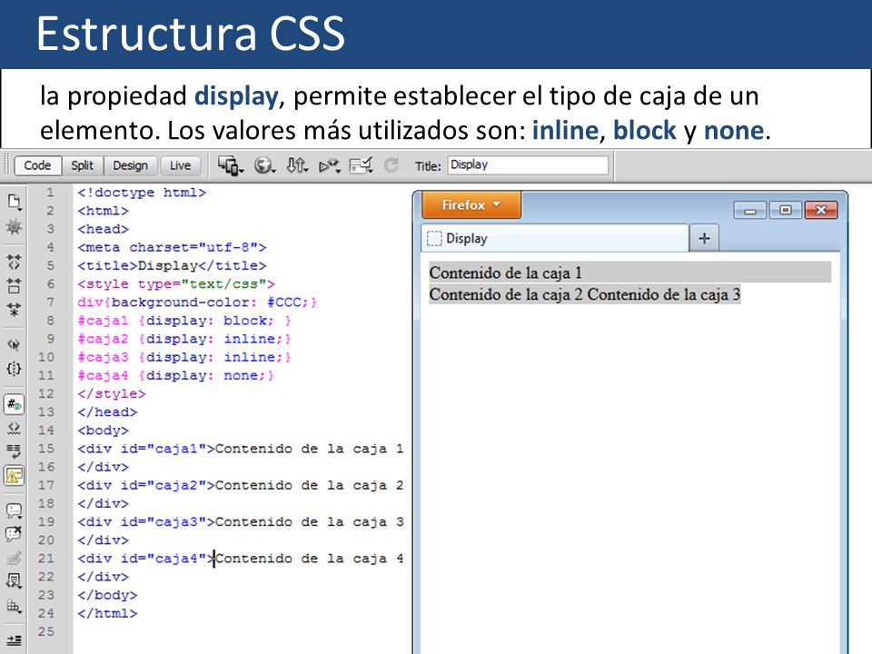 Estructura CSS la propiedad display, permite establecer el tipo de caja de un elemento. Los valores más utilizados son: inline, block y none.