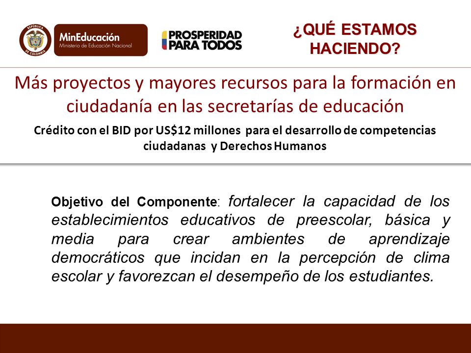 ¿QUÉ ESTAMOS HACIENDO Más proyectos y mayores recursos para la formación en ciudadanía en las secretarías de educación.