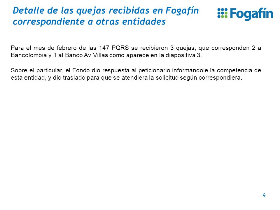 Detalle de las quejas recibidas en Fogafín correspondiente a otras entidades