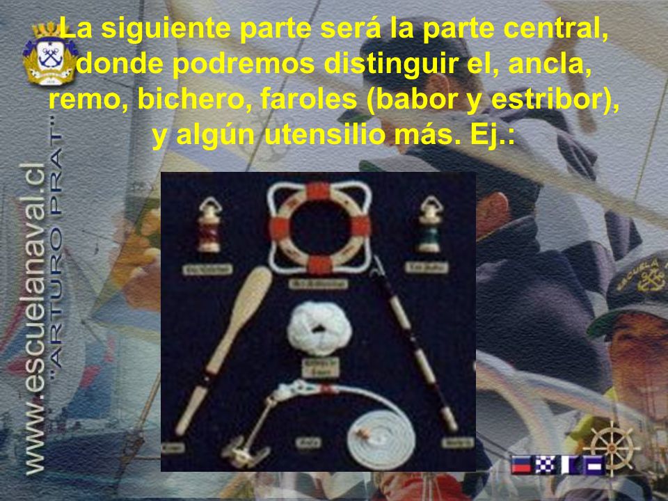 La siguiente parte será la parte central, donde podremos distinguir el, ancla, remo, bichero, faroles (babor y estribor), y algún utensilio más.