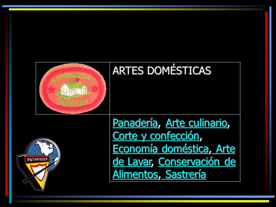 ARTES DOMÉSTICAS Panadería, Arte culinario, Corte y confección, Economía doméstica, Arte de Lavar, Conservación de Alimentos, Sastrería.