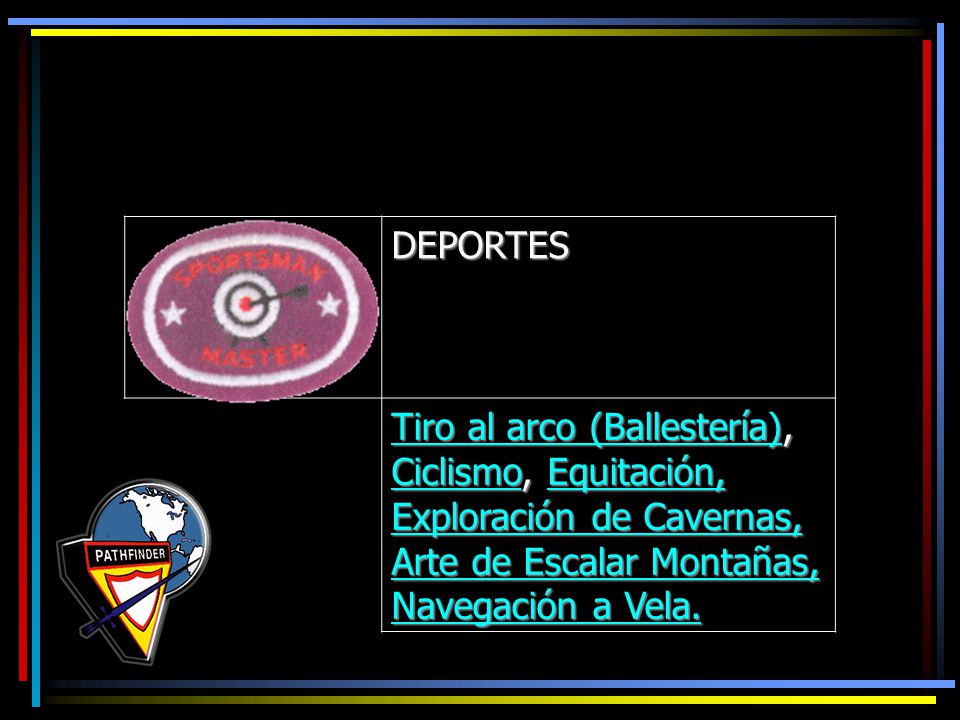 DEPORTES Tiro al arco (Ballestería), Ciclismo, Equitación, Exploración de Cavernas, Arte de Escalar Montañas, Navegación a Vela.