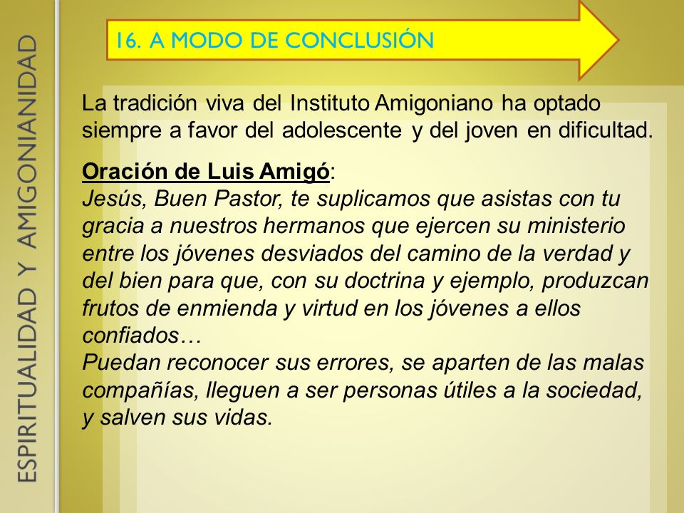 16. A MODO DE CONCLUSIÓN La tradición viva del Instituto Amigoniano ha optado siempre a favor del adolescente y del joven en dificultad.