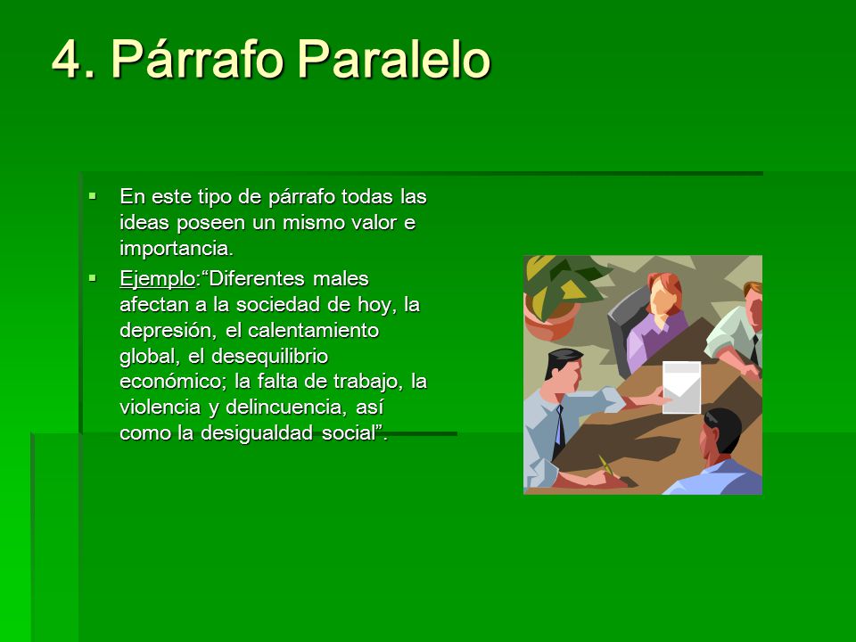 4. Párrafo Paralelo En este tipo de párrafo todas las ideas poseen un mismo valor e importancia.