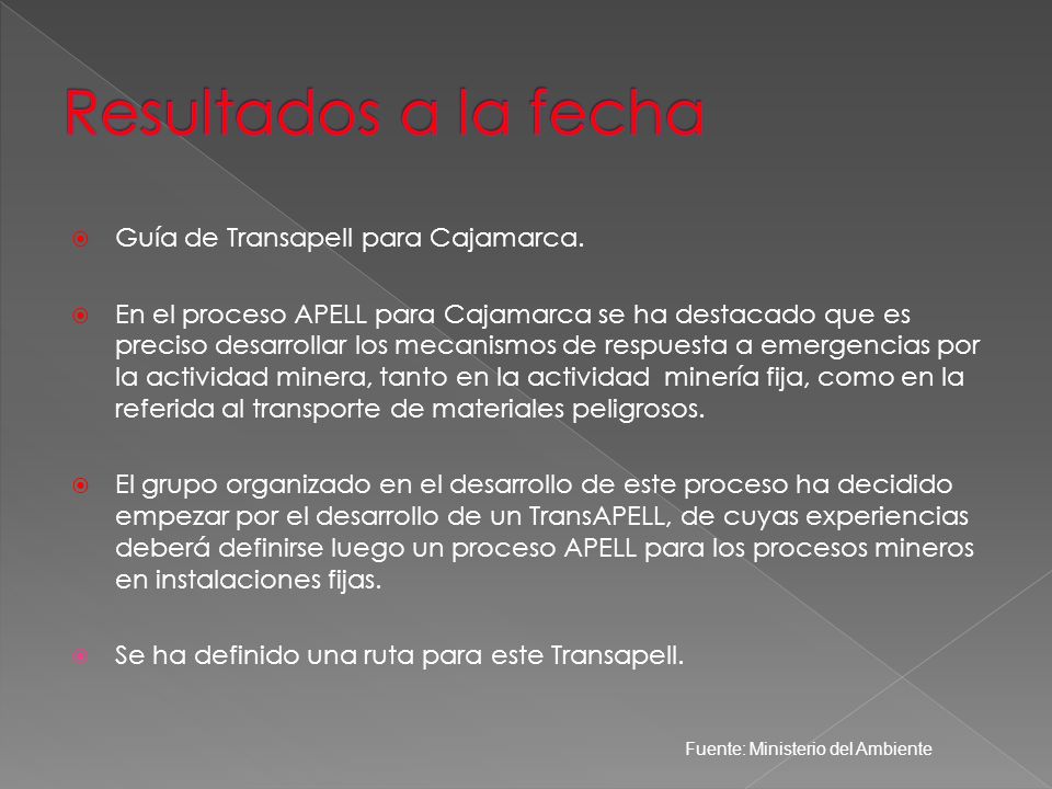 Resultados a la fecha Guía de Transapell para Cajamarca.