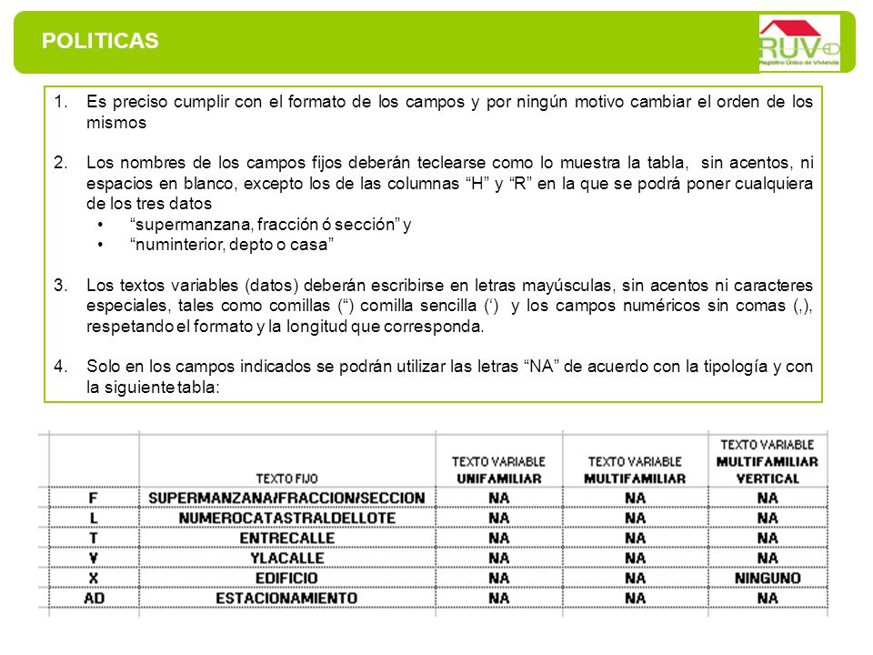 POLITICAS Es preciso cumplir con el formato de los campos y por ningún motivo cambiar el orden de los mismos.