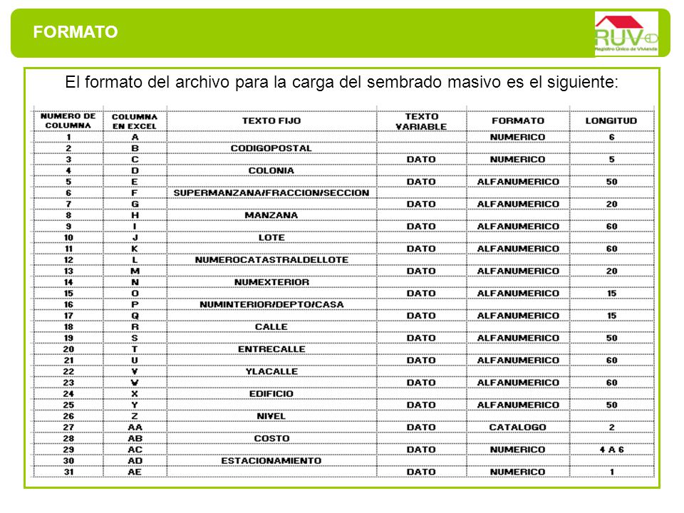 FORMATO El formato del archivo para la carga del sembrado masivo es el siguiente: