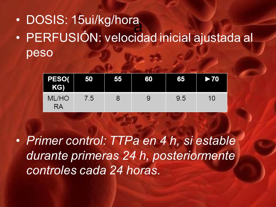 a DOSIS: 15ui/kg/hora PERFUSIÓN: velocidad inicial ajustada al peso