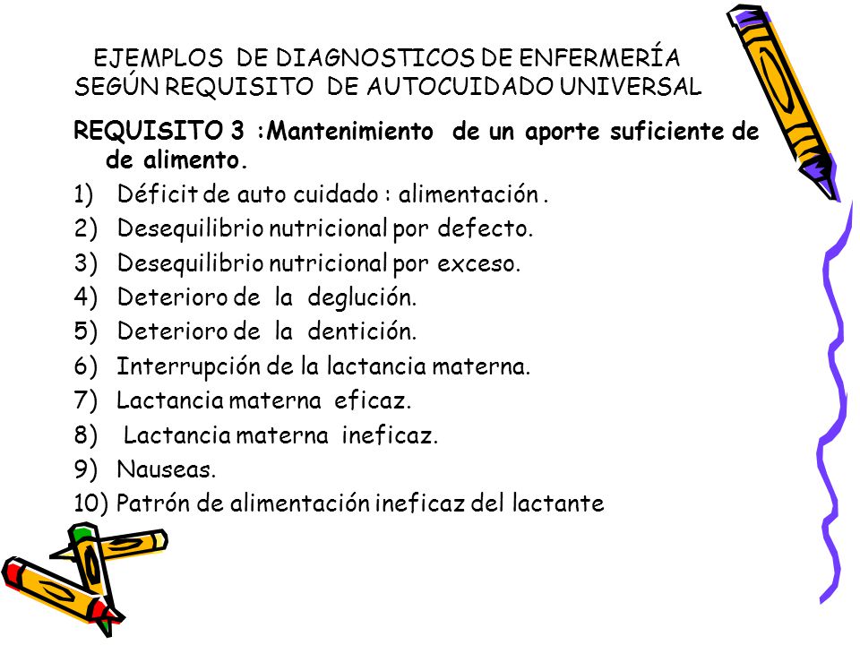 EJEMPLOS DE DIAGNOSTICOS DE ENFERMERÍA SEGÚN REQUISITO DE AUTOCUIDADO UNIVERSAL