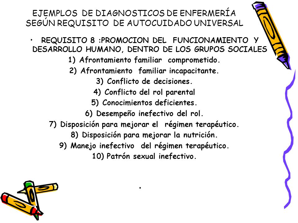 EJEMPLOS DE DIAGNOSTICOS DE ENFERMERÍA SEGÚN REQUISITO DE AUTOCUIDADO UNIVERSAL