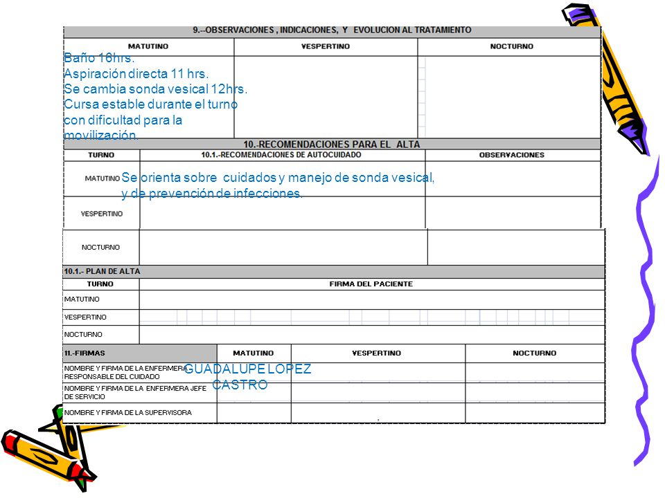 Baño 16hrs. Aspiración directa 11 hrs. Se cambia sonda vesical 12hrs. Cursa estable durante el turno con dificultad para la movilización.