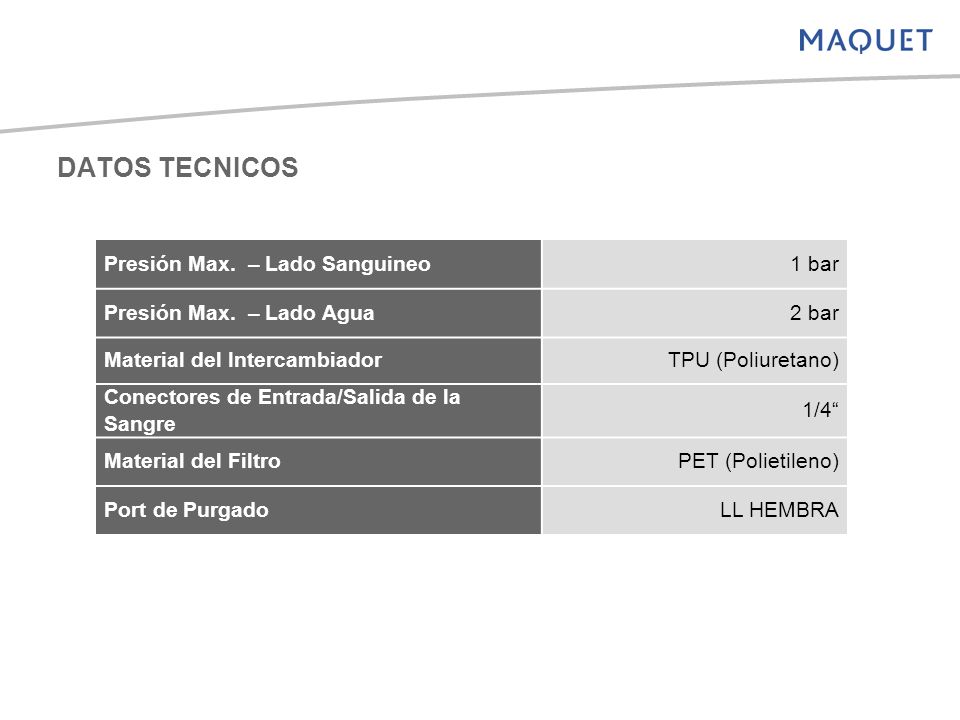 DATOS TECNICOS Presión Max. – Lado Sanguineo 1 bar