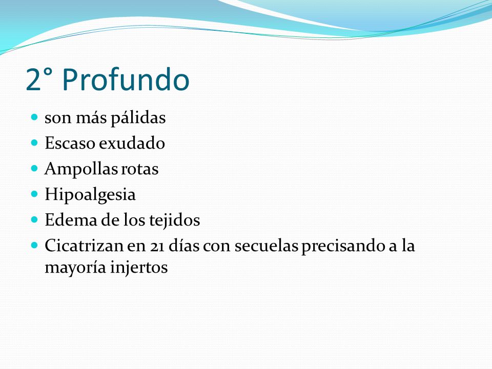 2° Profundo son más pálidas Escaso exudado Ampollas rotas Hipoalgesia