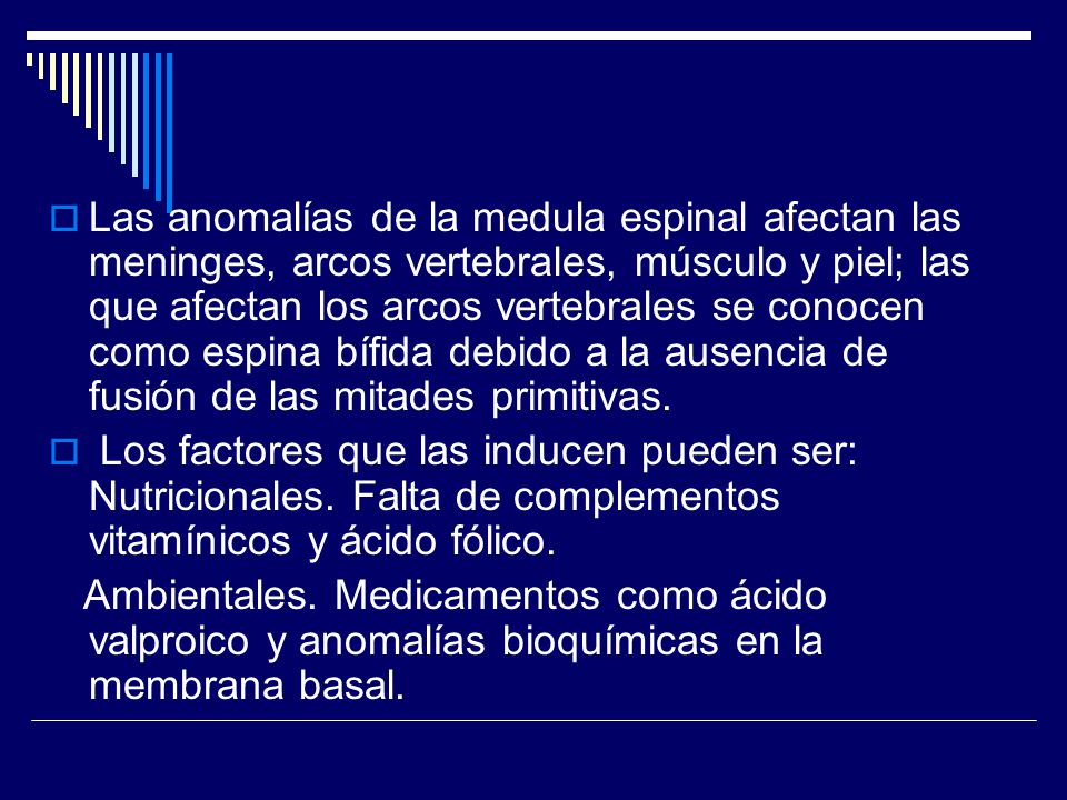 Las anomalías de la medula espinal afectan las meninges, arcos vertebrales, músculo y piel; las que afectan los arcos vertebrales se conocen como espina bífida debido a la ausencia de fusión de las mitades primitivas.