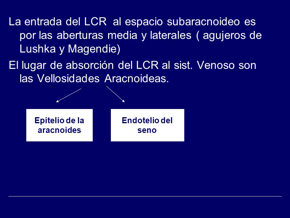 La entrada del LCR al espacio subaracnoideo es por las aberturas media y laterales ( agujeros de Lushka y Magendie)