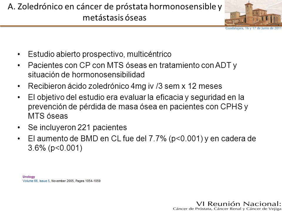 A. Zoledrónico en cáncer de próstata hormonosensible y metástasis óseas