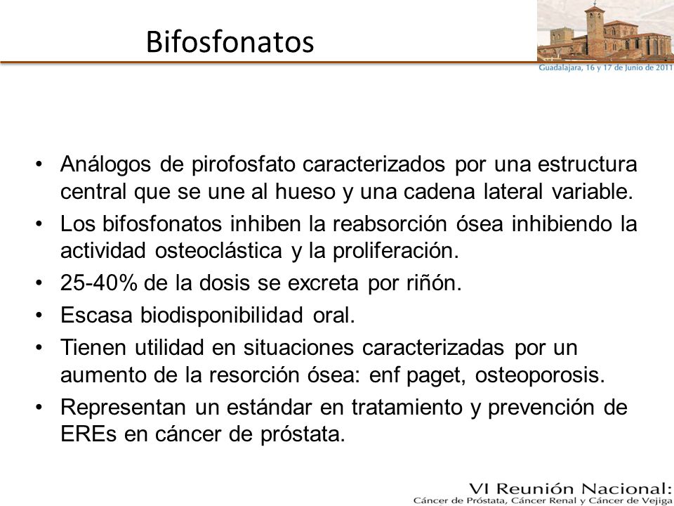 Bifosfonatos Análogos de pirofosfato caracterizados por una estructura central que se une al hueso y una cadena lateral variable.