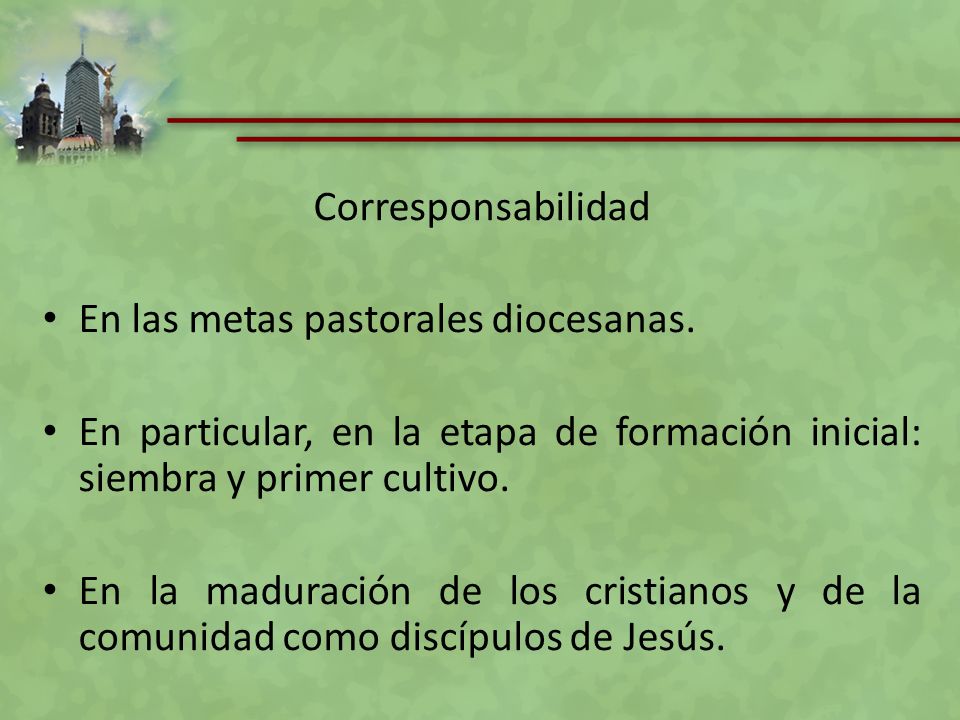 Corresponsabilidad En las metas pastorales diocesanas. En particular, en la etapa de formación inicial: siembra y primer cultivo.