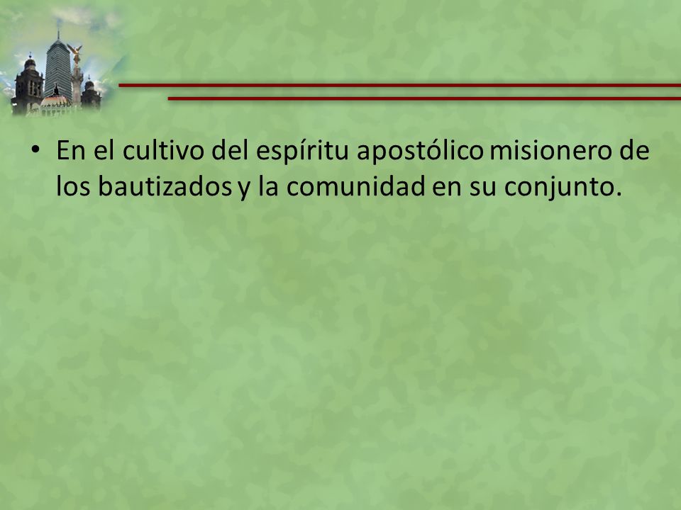 En el cultivo del espíritu apostólico misionero de los bautizados y la comunidad en su conjunto.
