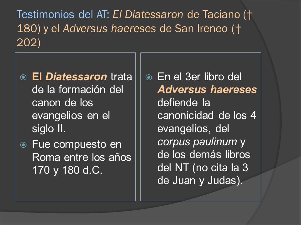 Testimonios del AT: El Diatessaron de Taciano († 180) y el Adversus haereses de San Ireneo († 202)