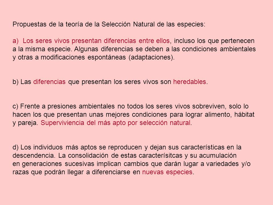 Propuestas de la teoría de la Selección Natural de las especies: