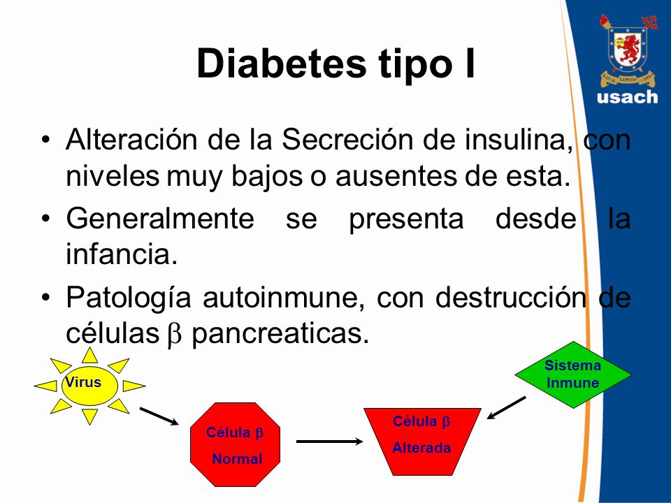 Diabetes tipo I Alteración de la Secreción de insulina, con niveles muy bajos o ausentes de esta. Generalmente se presenta desde la infancia.