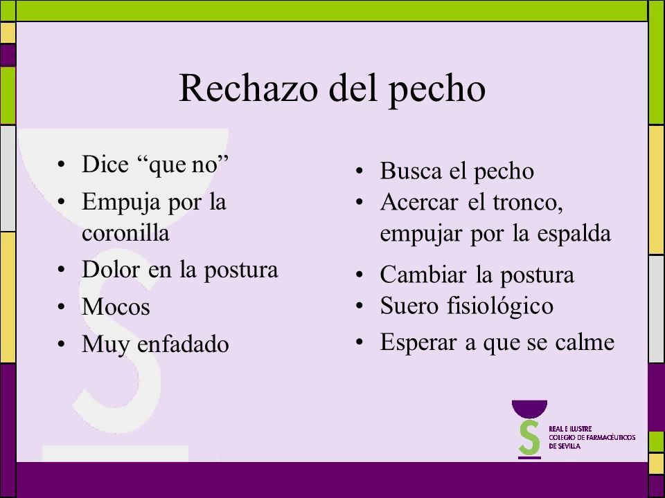 Rechazo del pecho Dice que no Busca el pecho Empuja por la coronilla