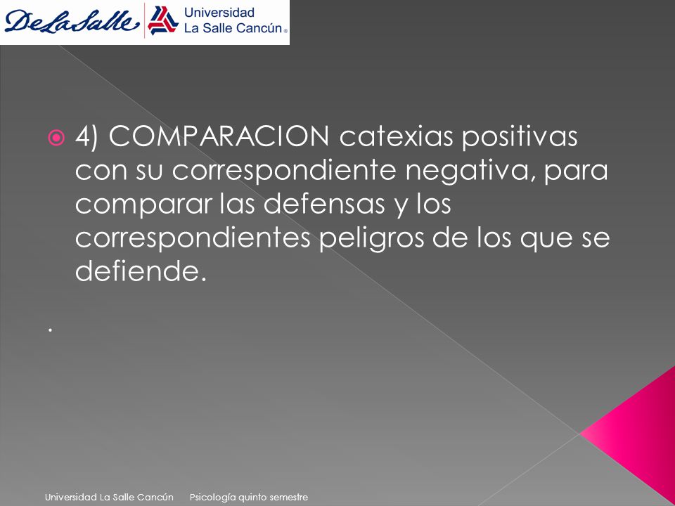 4) COMPARACION catexias positivas con su correspondiente negativa, para comparar las defensas y los correspondientes peligros de los que se defiende.