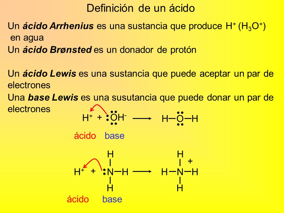 Definición de un ácido Un ácido Arrhenius es una sustancia que produce H+ (H3O+) en agua. Un ácido Brønsted es un donador de protón.