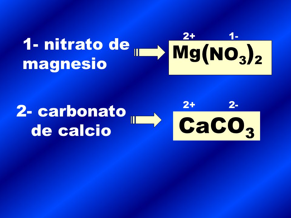 ( )2 CaCO3 Mg NO3 1- nitrato de magnesio 2- carbonato de calcio 2+ 1-