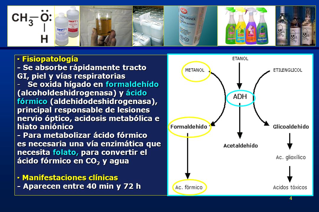 ▪ Fisiopatología - Se absorbe rápidamente tracto. GI, piel y vías respiratorias. Se oxida hígado en formaldehído.