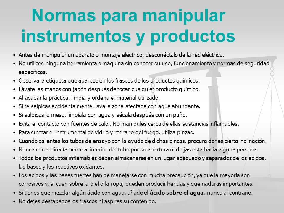 Normas para manipular instrumentos y productos