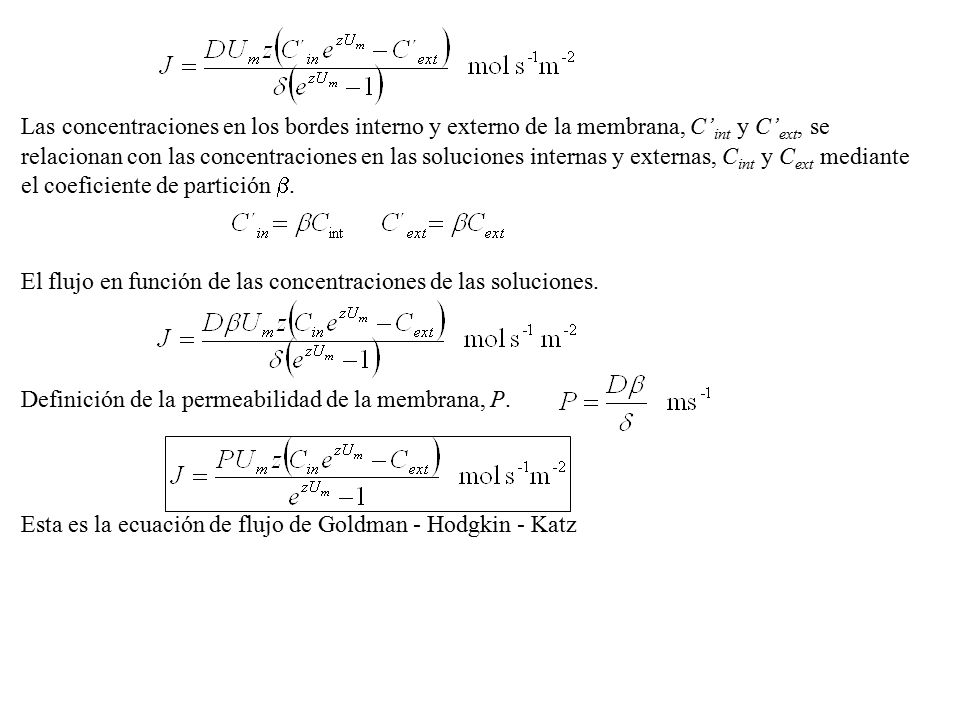 Las concentraciones en los bordes interno y externo de la membrana, C’int y C’ext, se relacionan con las concentraciones en las soluciones internas y externas, Cint y Cext mediante el coeficiente de partición .