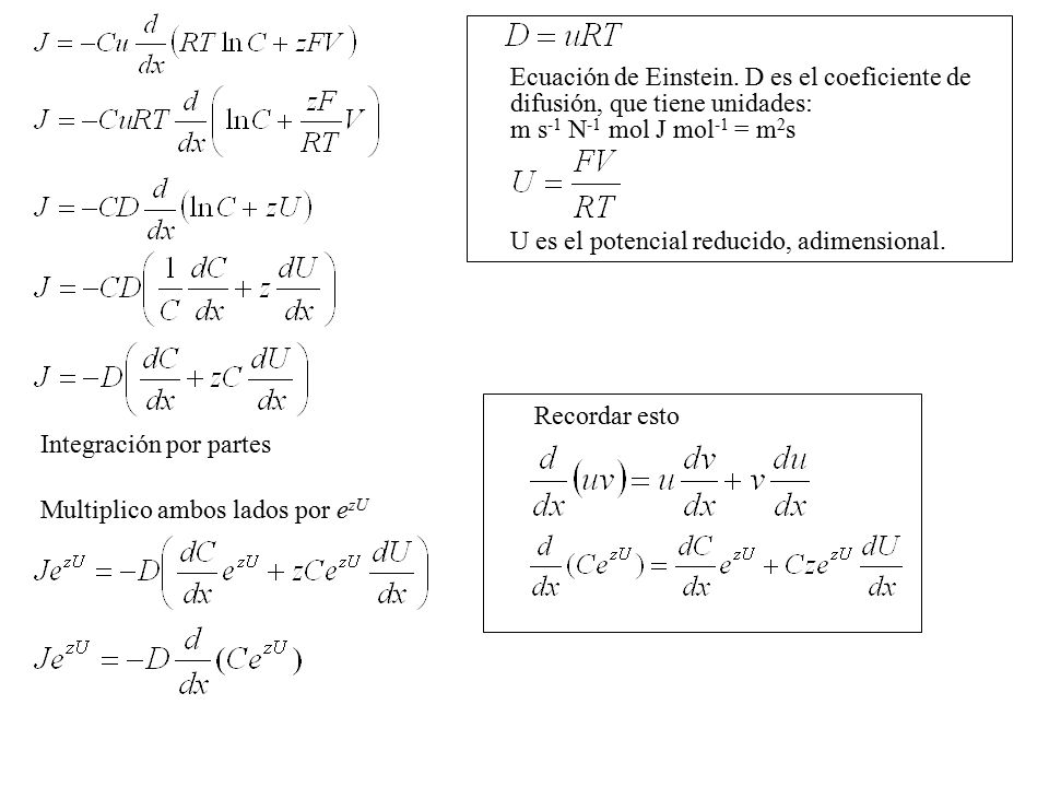 Ecuación de Einstein. D es el coeficiente de difusión, que tiene unidades: m s-1 N-1 mol J mol-1 = m2s