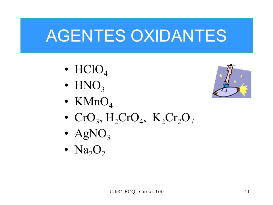 AGENTES OXIDANTES HClO4 HNO3 KMnO4 CrO3, H2CrO4, K2Cr2O7 AgNO3 Na2O2