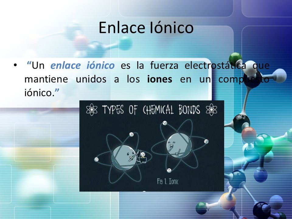 Enlace Iónico Un enlace iónico es la fuerza electrostática que mantiene unidos a los iones en un compuesto iónico.