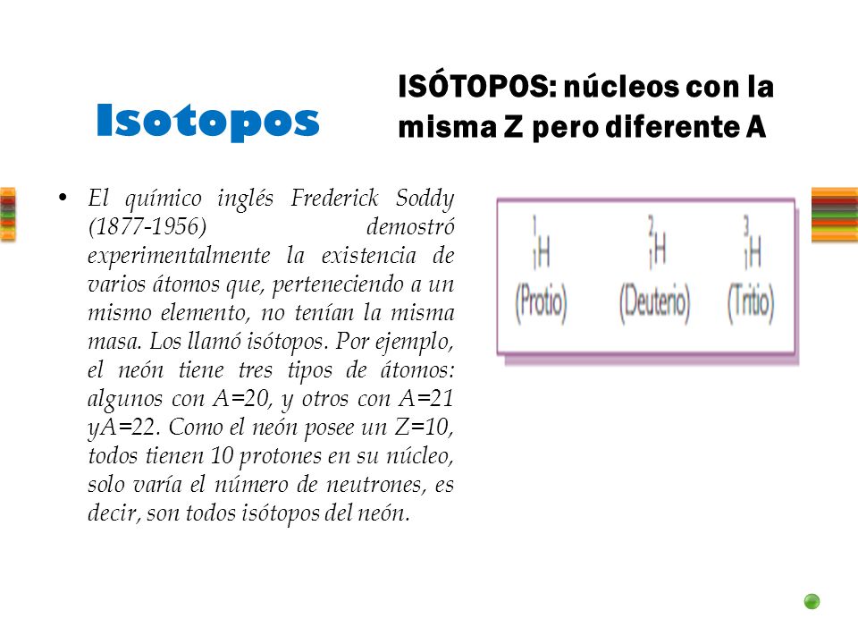 Isotopos ISÓTOPOS: núcleos con la misma Z pero diferente A