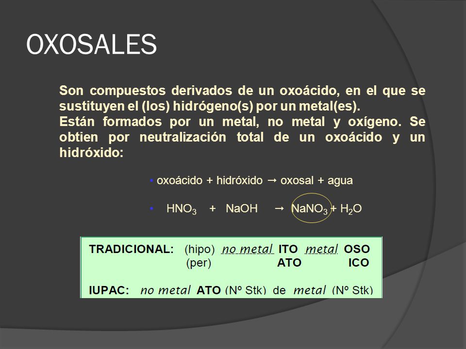 OXOSALES Son compuestos derivados de un oxoácido, en el que se sustituyen el (los) hidrógeno(s) por un metal(es).