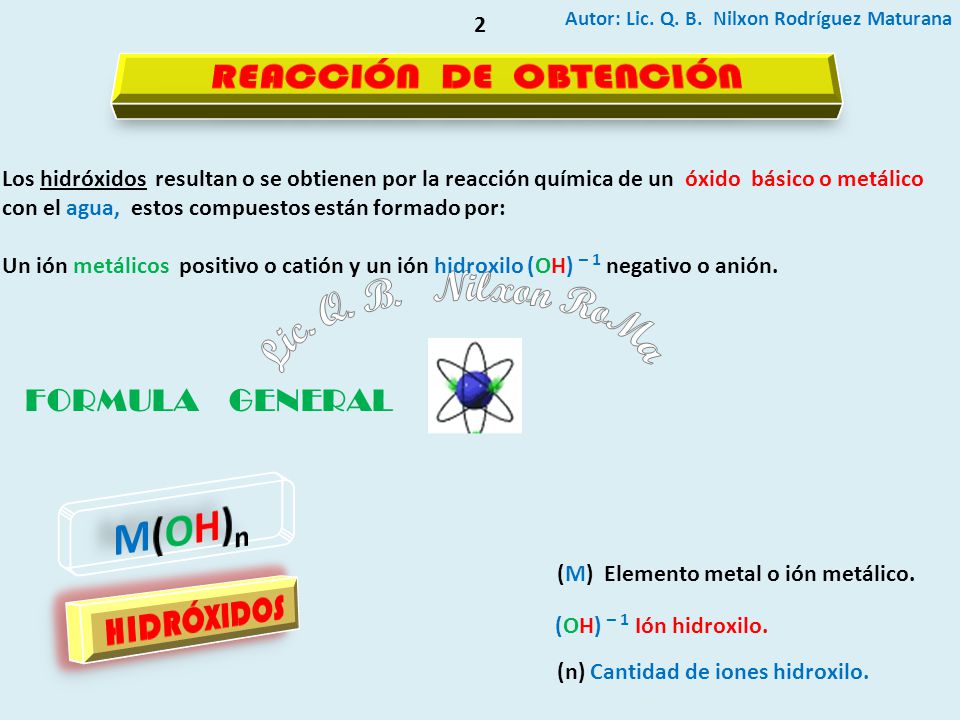 Lic. Q. B. Nilxon RoMa M(OH)n REACCIÓN DE OBTENCIÓN HIDRÓXIDOS