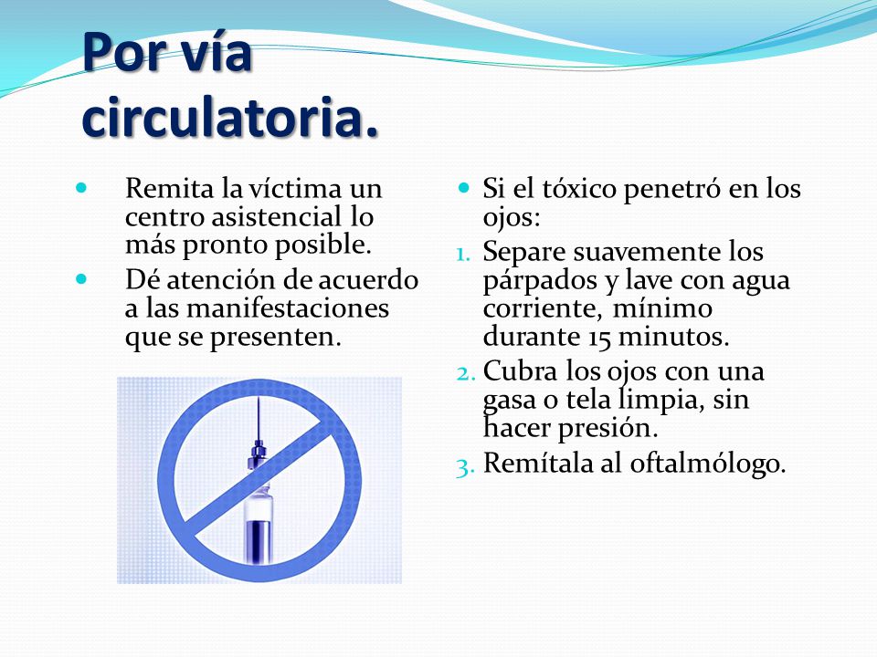 Por vía circulatoria. Remita la víctima un centro asistencial lo más pronto posible.