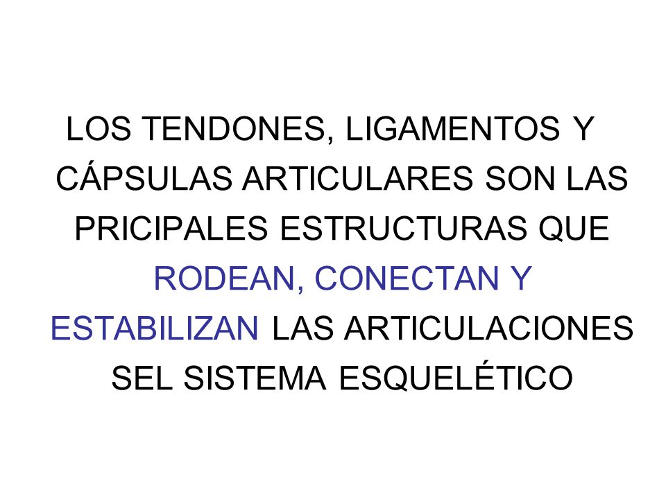 LOS TENDONES, LIGAMENTOS Y CÁPSULAS ARTICULARES SON LAS PRICIPALES ESTRUCTURAS QUE RODEAN, CONECTAN Y ESTABILIZAN LAS ARTICULACIONES SEL SISTEMA ESQUELÉTICO