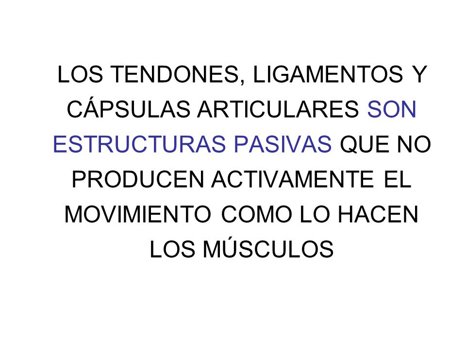 LOS TENDONES, LIGAMENTOS Y CÁPSULAS ARTICULARES SON ESTRUCTURAS PASIVAS QUE NO PRODUCEN ACTIVAMENTE EL MOVIMIENTO COMO LO HACEN LOS MÚSCULOS